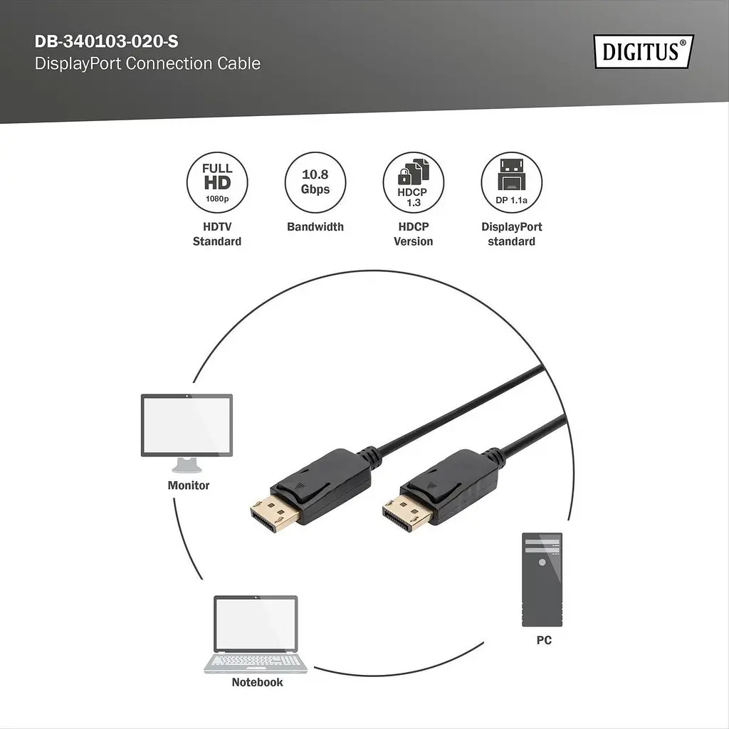 Кабель DisplayPort, тип DP M/M, 2,0 м, колір чорний AK-340103-020-S DIGITUS by ASSMANN - фото 3