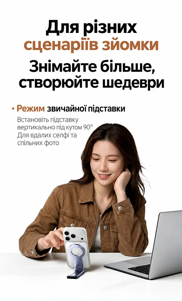 Магнітний настільний штатив-тримач для телефона UGREEN LP962 з металевим кільцем у комплекті сумісний із MagSafe з обертанням на 360° для знімання з руки з різьбовим отвором 1/4″ для штативної головки складана конструкція з протиковзними накладками на ніжках сіро-чорний (75509) - фото 15