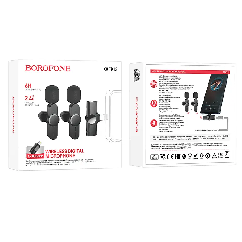 Бездротова мікрофонна система BOROFONE BFK12 Trophy lavalier wireless digital microphone(iP/Type-C) Black (6941991106408) - фото 10