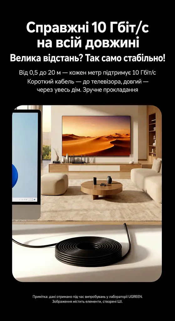 Мережевий кабель UGREEN NW122 3 м патч-корд Ethernet RJ45 штекер на RJ45 штекер Cat 6A до 10 Гбіт/с неекранований U/UTP круглий діаметром 2,8 мм жили з чистої міді позолочені контакти смуга частот 500 МГц чорний (70653) - фото 13
