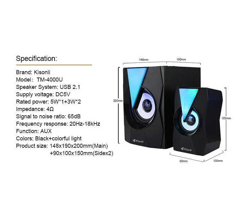 Компьютерные колонки 2.1 Kisonli TM4000U, Bluetooth, AUX, 5W+2x3W - фото 8