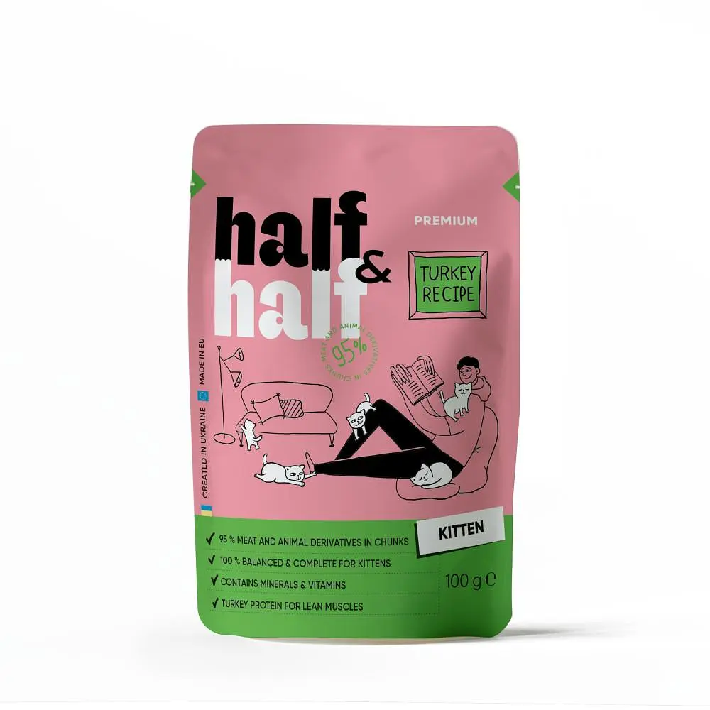 Корм вологий Half&Half для кошенят, шматочки з індичкою в желе, 100 г пауч (арт.20864)