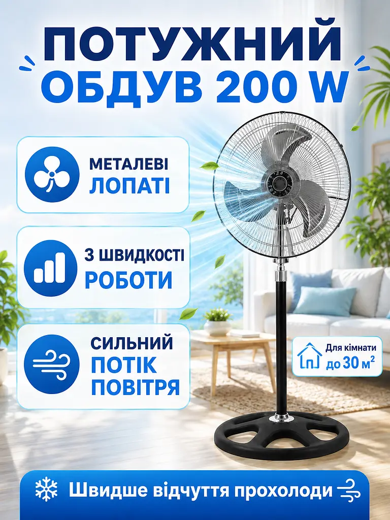Вентилятор 3 в 1 200 W 50 см підлоговий настільний настінний з металевими лопатями (49675910) - фото 3