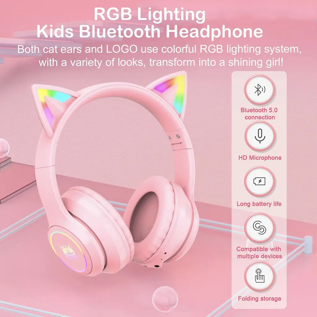 Беспроводные игровые наушники с кошачьими ушками Onikuma B90 с RGB подсветкой Наушники для стриминга Розовый - фото 5