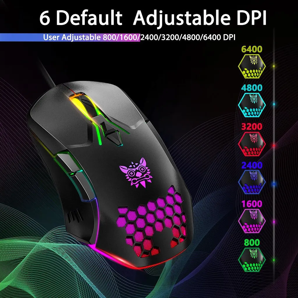 Комп'ютерна мишка Onikuma дротова ігрова комп’ютерна C12 RGB підсвітка 800-6400 DPI 7 кнопок для ПК та ноутбука чорний - фото 5