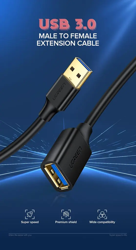 Кабель Ugreen US129 USB 3.0 Extension Male Cable 3 м черный (30127) - фото 2