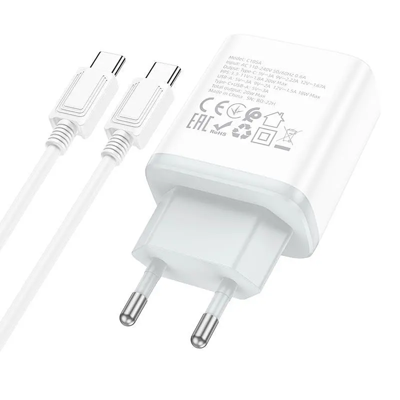 Зарядний адаптер Hoco C105A 20W Type-C і USB зі швидким заряджанням і LED-підсвіткою - фото 2