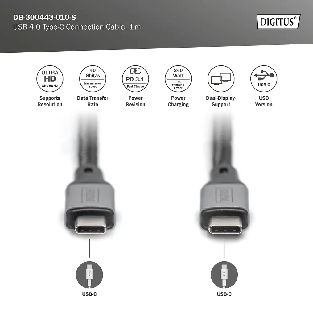Кабель Digitus USB 4.0 (Type-C/Type-C) 1м, чорний teh0025045 - фото 6