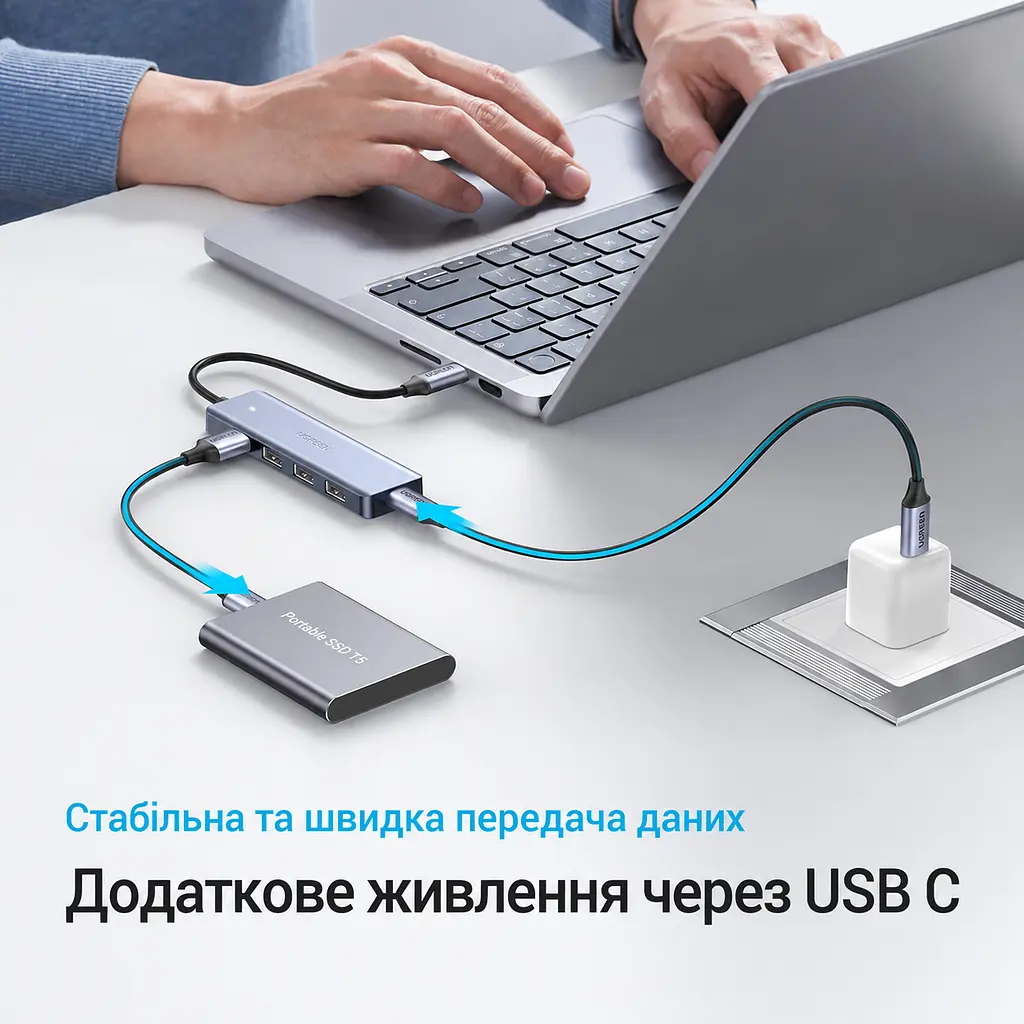 USB-хаб UGREEN CM219 концентратор з підключенням USB-C на 4 порти USB-A 3.0 передавання даних до 5 Гбіт/с з портом USB-C лише для додаткового живлення периферії для енергоємної периферії потрібен зарядний пристрій із підключенням до порту живлення USB-C Plug & Play для Windows macOS Linux для Android-пристроїв із USB-C та підтримкою OTG із захистом від перенапруги надструму та короткого замикання зі світлодіодним індикатором із вбудованим кабелем 0,15 м космічний сірий (70336) - фото 3