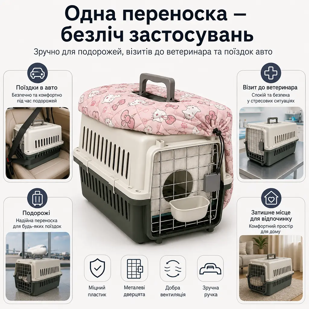 Переноска для котів та собак до 12 кг 48×32×30 з комплектом (підвісна миска та внутрішній та зовнішній вкладишем) KT8002020 - фото 3