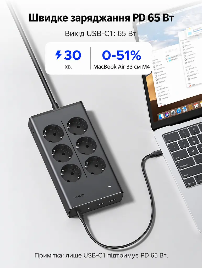 Мережевий фільтр із USB-заряджанням UGREEN S652 1,5 м подовжувач 6 розеток Schuko 2×USB-C + 2×USB-A навантаження розеток до 3680 Вт USB сумарно до 65 Вт USB-C1 PD 3.0 PPS до 65 Вт при окремому використанні із загальним вимикачем із захисними шторками розеток з можливістю настінного кріплення розетки під кутом 45° темно-сірий (55286) - фото 9