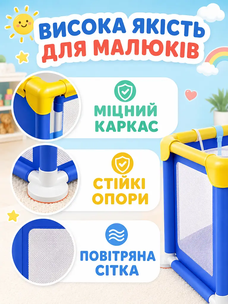Дитячий ігровий манеж синій 150×130×66 см із сітчастими стінками (49676005), Синій - фото 5
