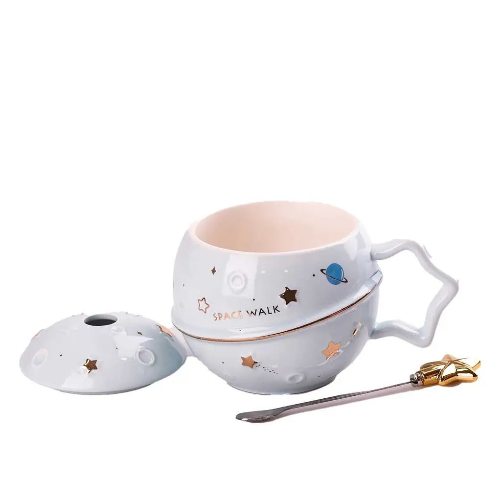 Чашка керамическая Happy Life Space Walk с крышкой и ложкой голубая 400 мл HP8226BL - фото 2