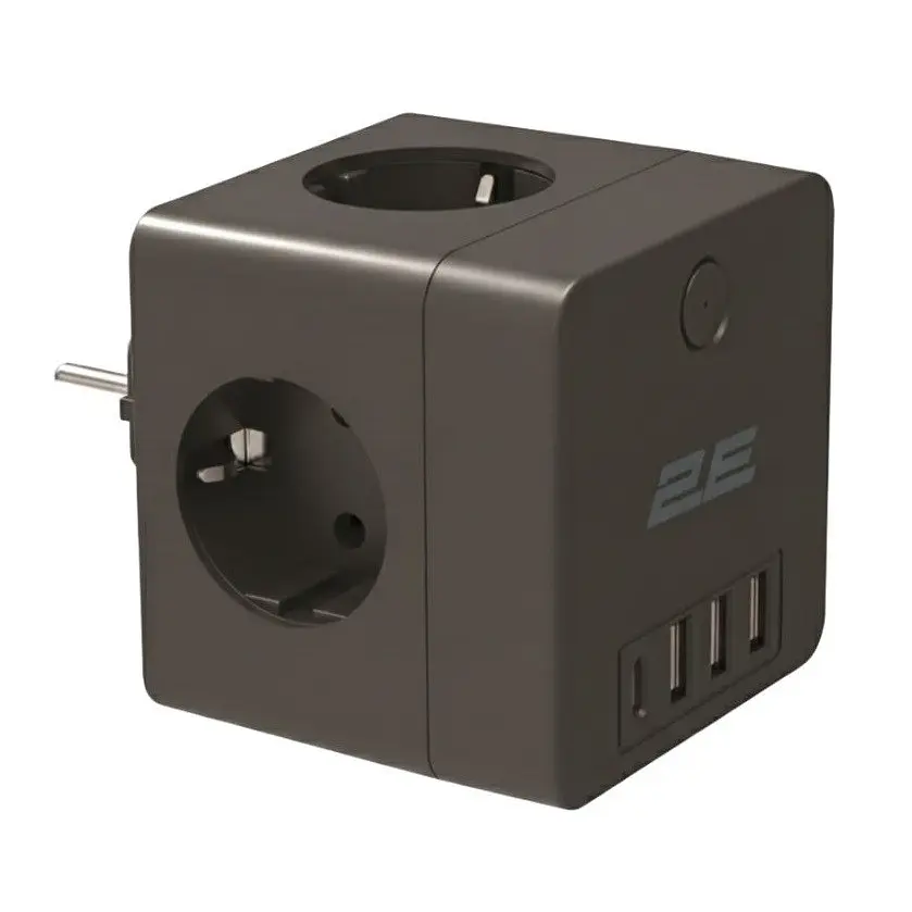 Мережевий адаптер 2E 4xТип F, 16A, 3xUSB-A, 1x USB-C, чорний (2E-AD431BK)