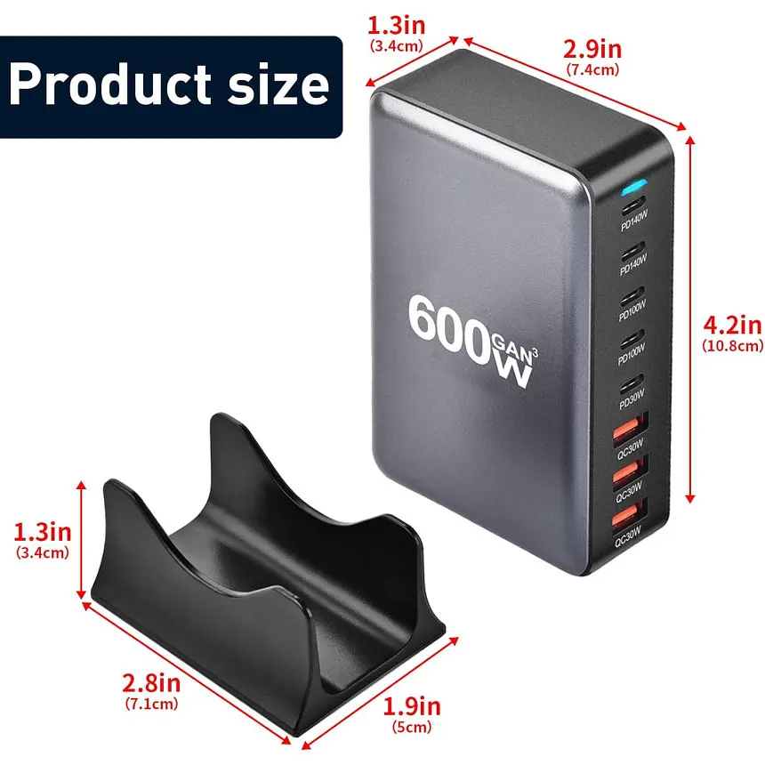 Зарядная станция ILEPO 600W многопортовая на 3 USB + 5 Type-C / сетевое мультизарядное устройство Black (19027) - фото 3