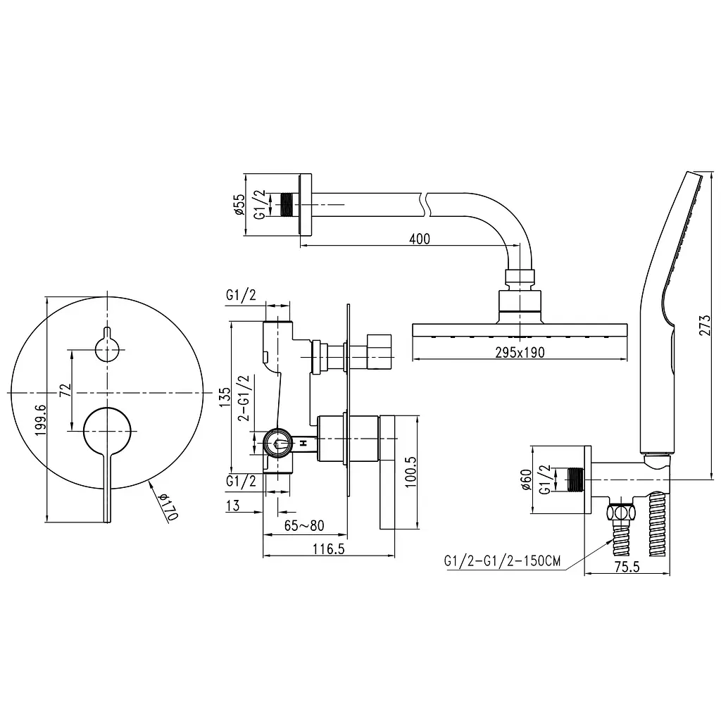 Душевая система встроенная TOPAZ MODERNO TMD-33205-H78A смеситель с ручной и верхней лейкой для комфортного душа - фото 5