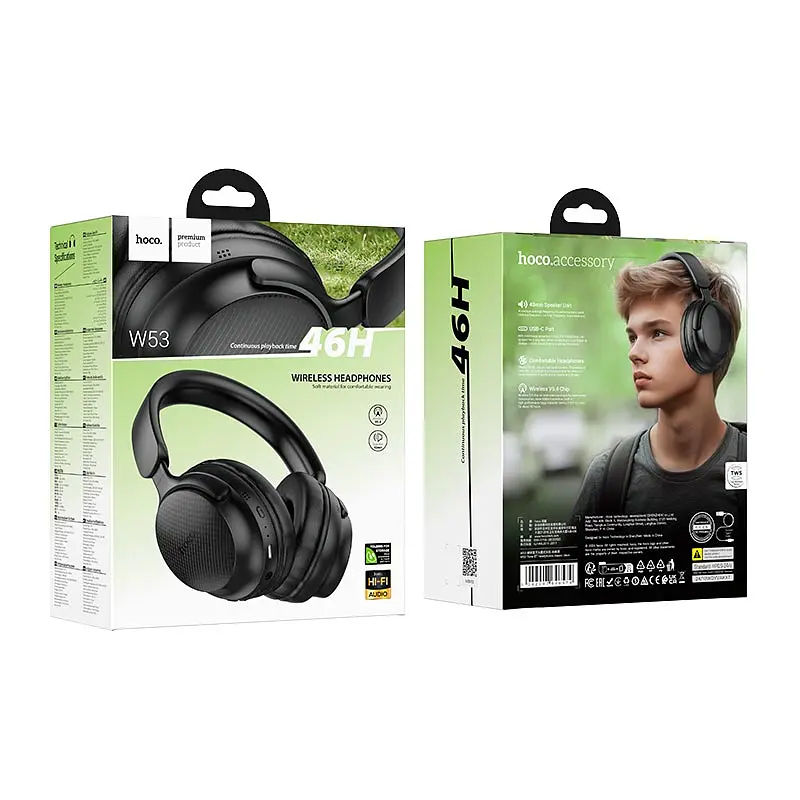 Накладные наушники Hoco W53 Tone, BT headphones, BT5.4, 400mAh, 46h, Type-C, AUX, black - фото 3