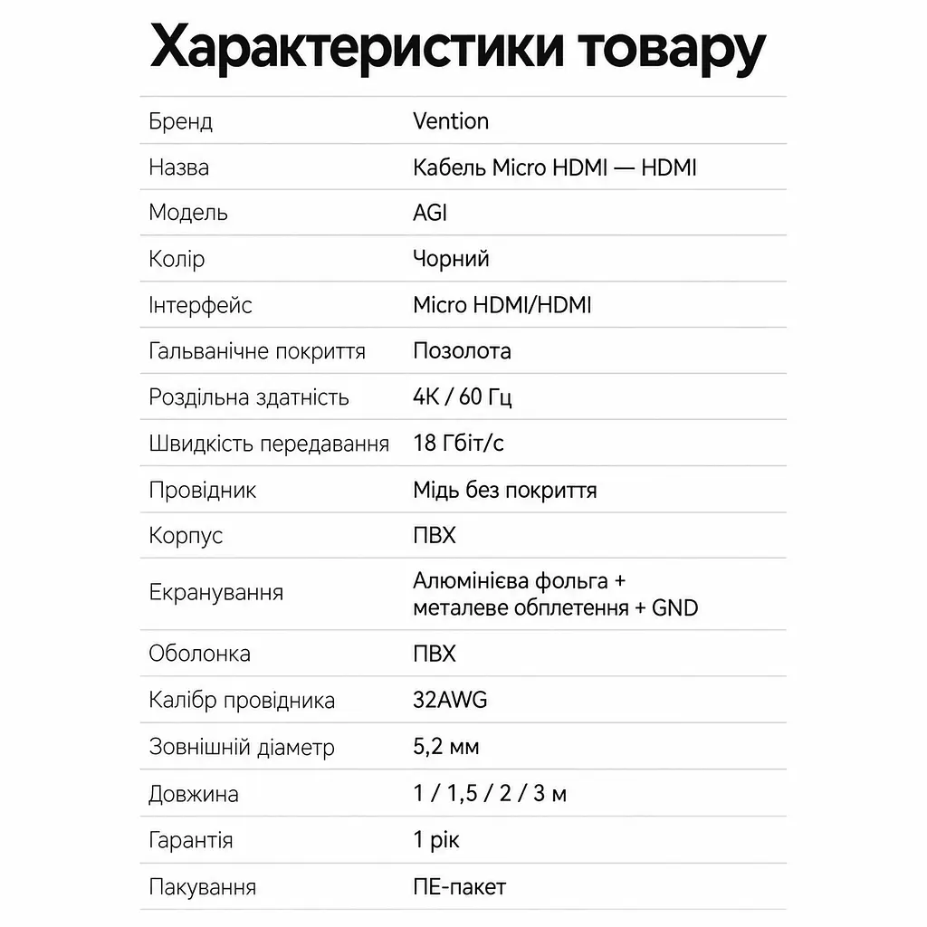 Кабель для передавання відео й аудіо Vention 3 м штекер Micro HDMI до виходу джерела та повнорозмірний штекер HDMI Type A до входу дисплея 4K 60 Гц підтримка HDR пропускна здатність 18 Гбіт/с тришарове екранування чорний (AGIBI) - фото 7