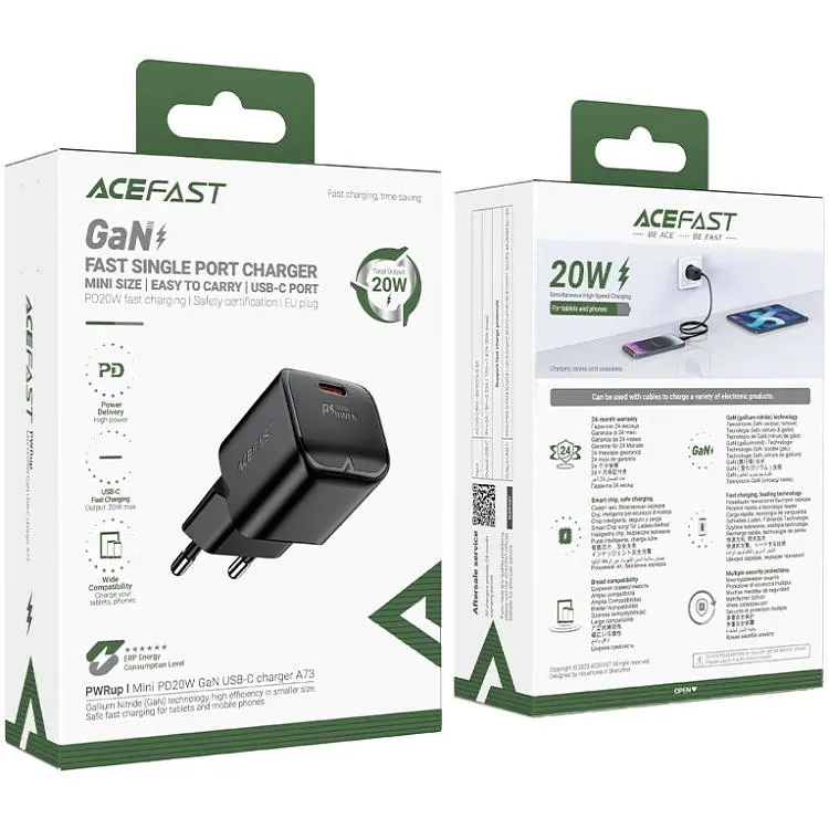 Зарядное устройство Acefast USB-C 20W Gan A73 mini Fast Charger Black (6974316282648) - фото 3
