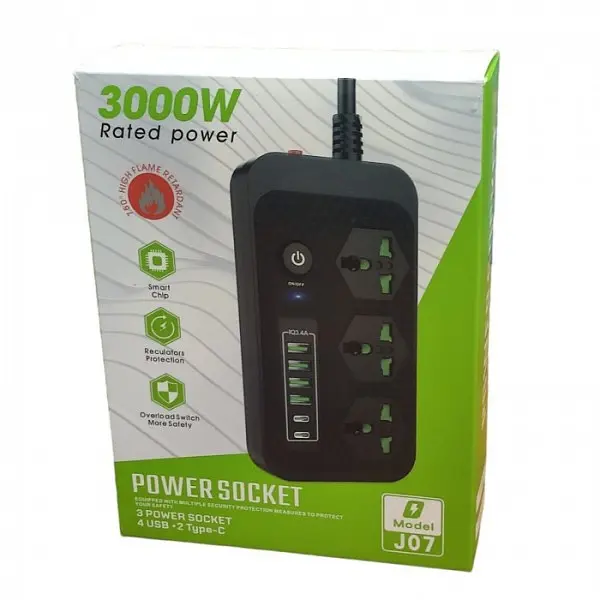 Мережевий фільтр подовжувач 2 метри на 3 розетки, 4 USB 3.4A, 2 Type-C з вимикачем та заземленням 3000Вт 16А Power Socket J07 білий - фото 15