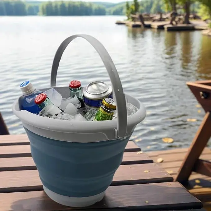 Складане силіконове відро 10 л сіре з ручкою для води та господарських завдань - фото 6