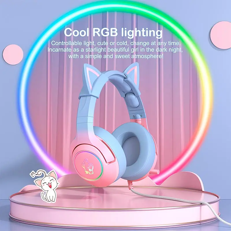 Проводная игровая гарнитура Onikuma Gaming CAT Gradient with RGB K9, USB, 3.5mm, 2.2m, pink&blue - фото 5