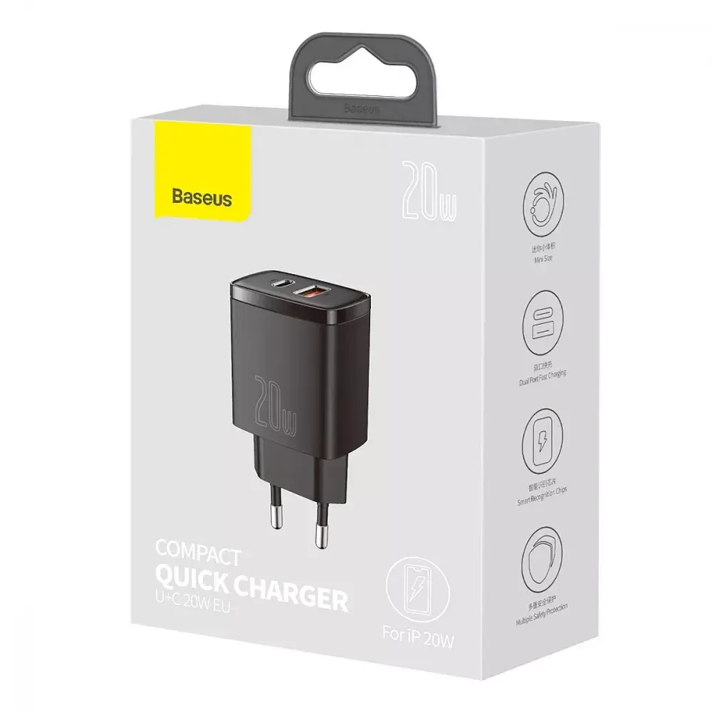 Компактное быстрое зарядное устройство для Baseus 20 W 2 порта (1Type-C + 1 USB) черный CCXJ-B01 - фото 8