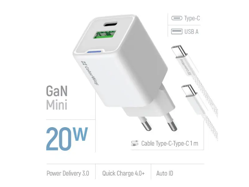 Мережевий зарядний пристрій ColorWay C101A GaN Mini 20 W White (CW-CHS062PDC-WT) - фото 4