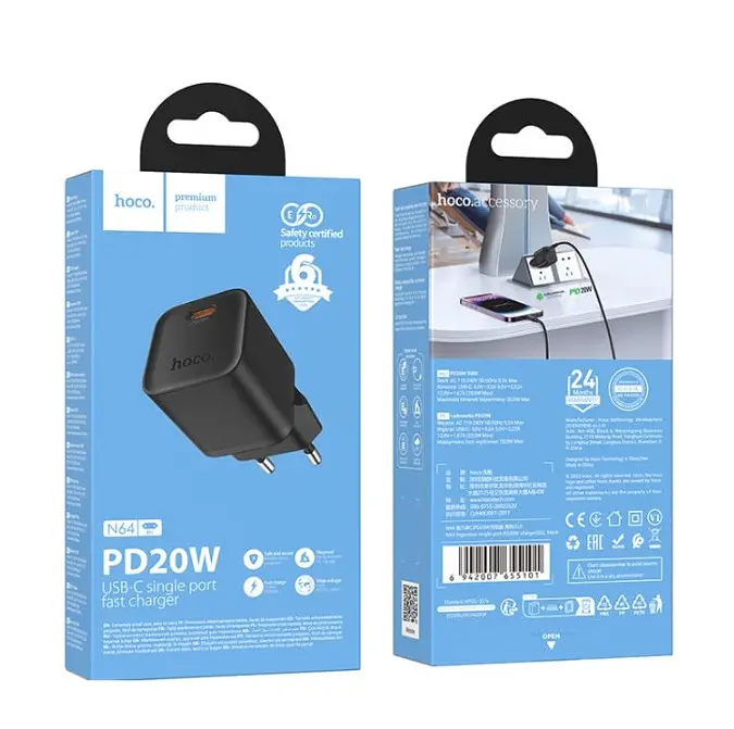 Сетевое зарядное устройство Hoco N64 Ingenious single port PD20W charger(EU) Черный - фото 2
