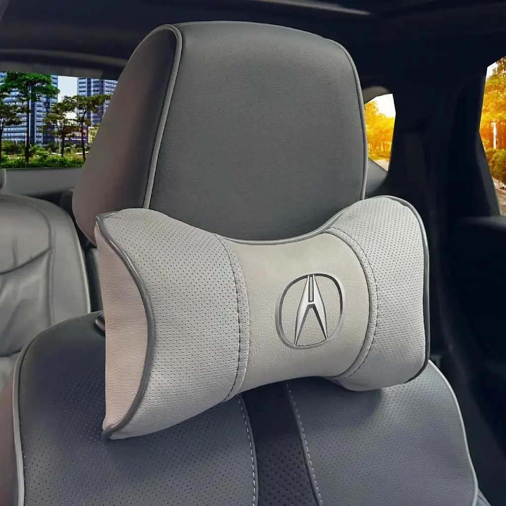 Подушка на підголівник з логотипом Acura Екошкіра 3D Кольоровий лого Сірі-Сірий кант 1 шт