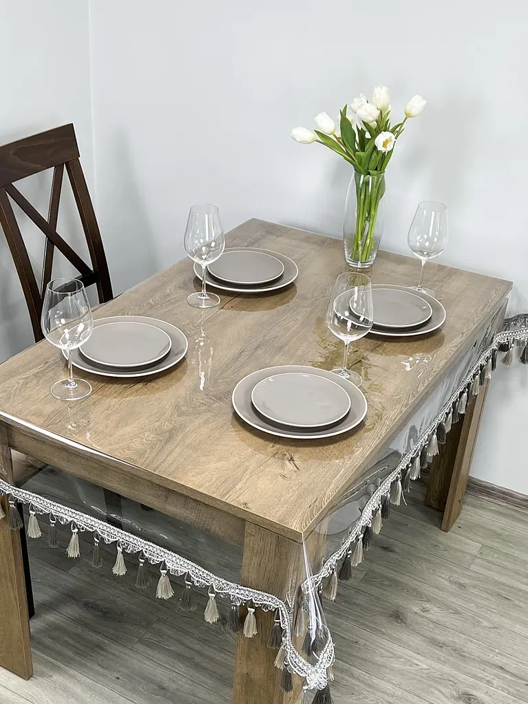 Скатерть силиконовая с серо-молочной бахромой 340х180 см - фото 3