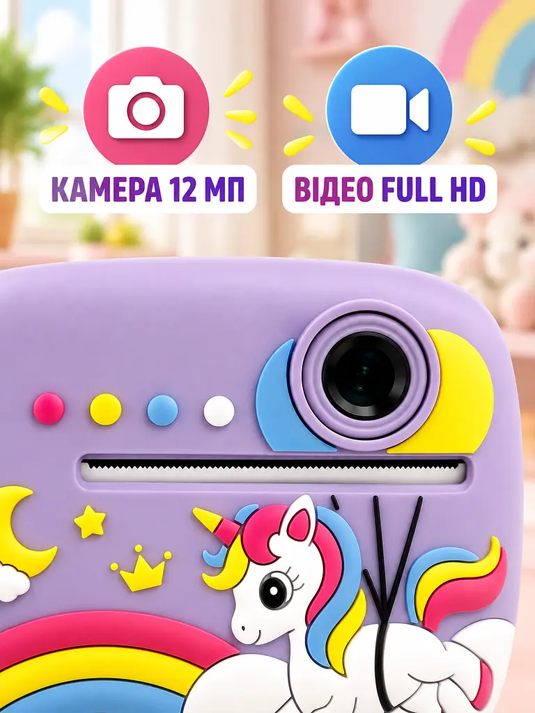 Фотоапарат миттєвого друку дитячий Єдиноріг Full HD акумуляторний з відео та термопапером 2, 4" 12 мП, фіолетовий (5068766629) - фото 4