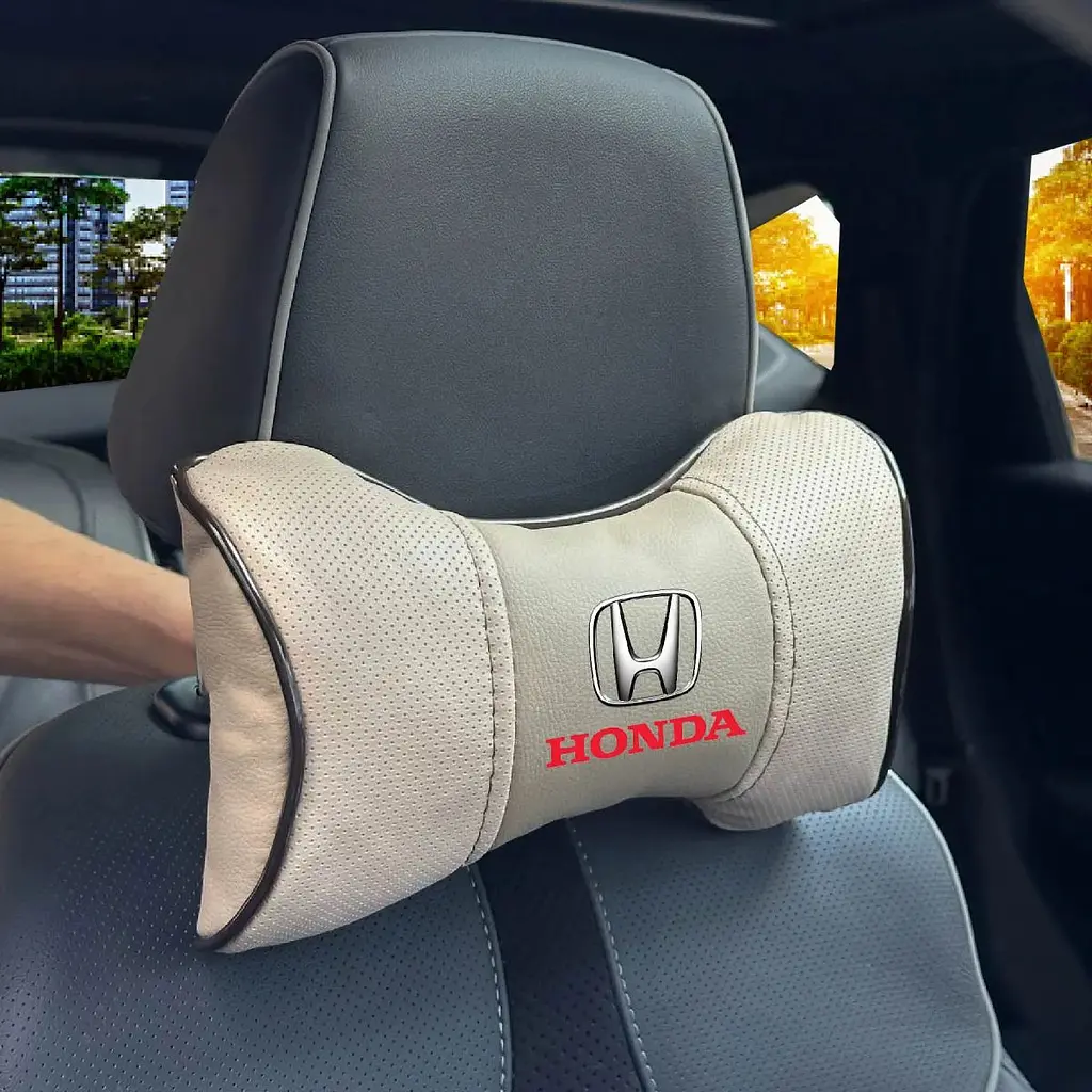 Подушка на підголівник з логотипом Honda Екошкіра 3D Кольоровий лого Бежева-Коричневий кант 1 шт