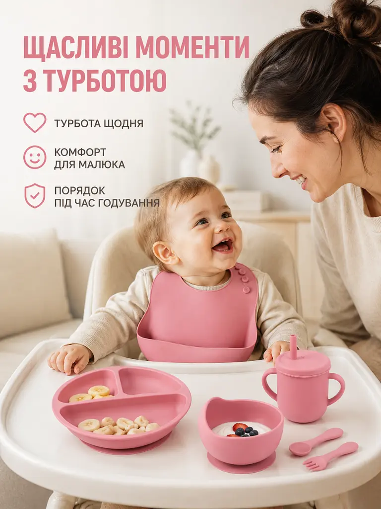 Набір дитячого силіконового посуду 6 предметів рожевий для першого прикорму (49676026) - фото 9