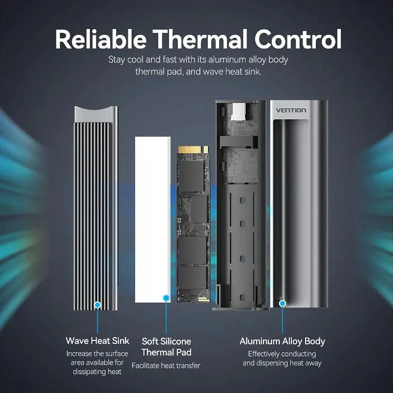 Зовнішня кишеня для SSD M.2 (NVME) M-key USB Type-C 3.2 10Gbps Heat Sink Aluminum сіра Vention - фото 8