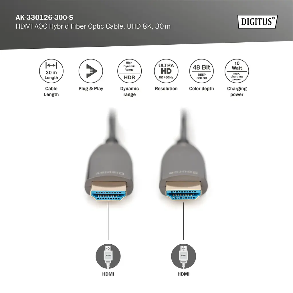 Кабель Digitus HDMI UHD 8K, AOC hybrid-fiber, AM/M, 30м, чорний - фото 4
