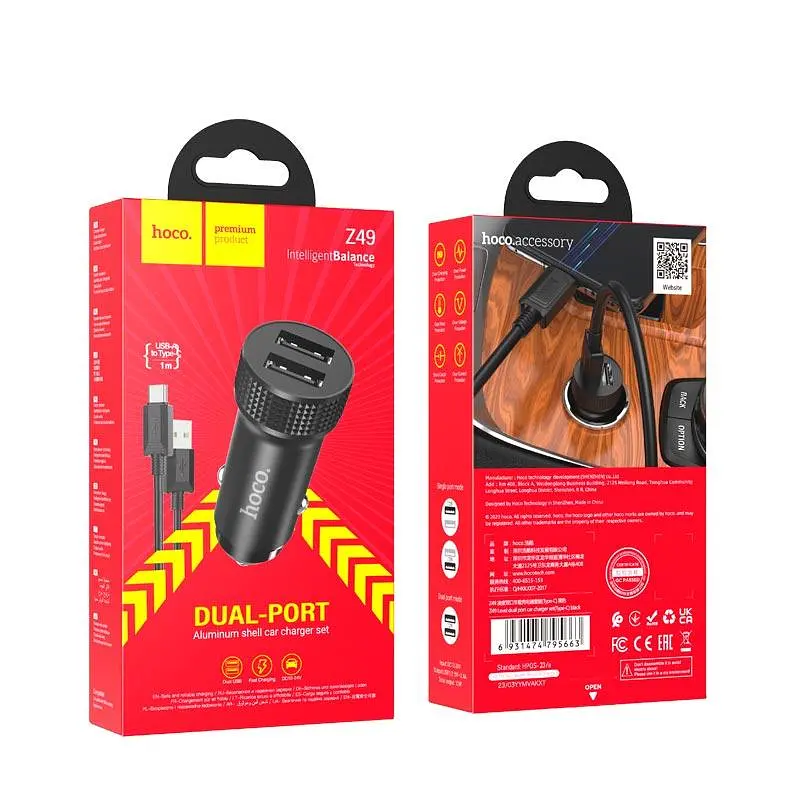 Адаптер автомобильный HOCO Type-C Cable Level dual port car charger Z49 2 USB 12 W черный - фото 2