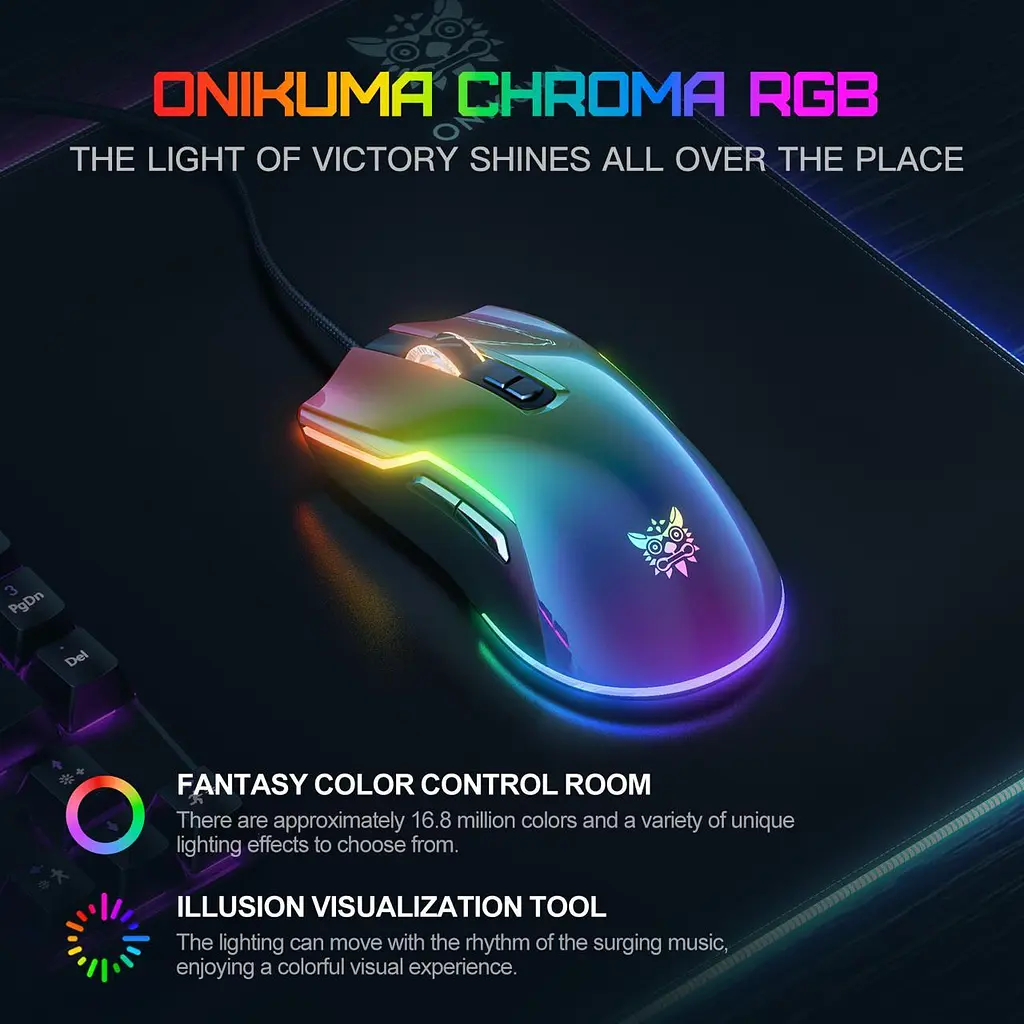 Компьютерная мышка Onikuma C22 с RGB подсветкой 6400 DPI проводная игровая для компьютера и ноутбука бесшумна - фото 6