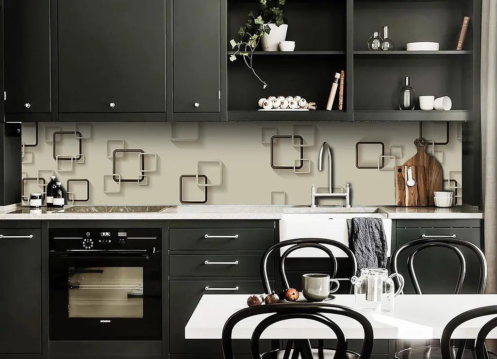 Кухонний фартух Квадрати вінілова наклейка ПВХ Геометрія Абстракція бежевий 60х300 см Happy Pocket Z180896 - фото 3