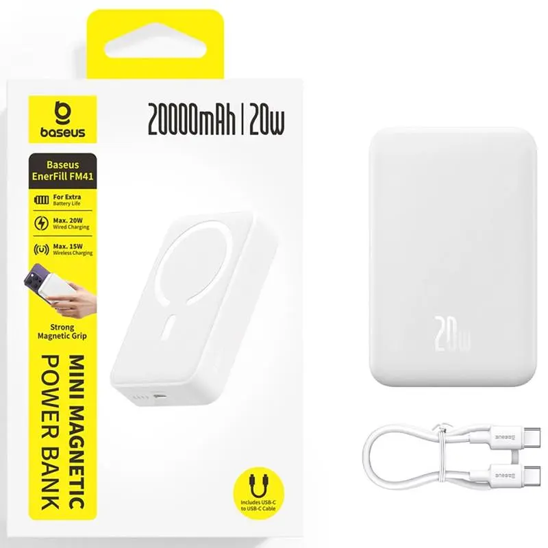 Портативное ЗУ Power Bank Baseus EnerFill FM41 Mini Magnetic PD20W с БЗУ 20000mAh (E0027U) Moon White - фото 4