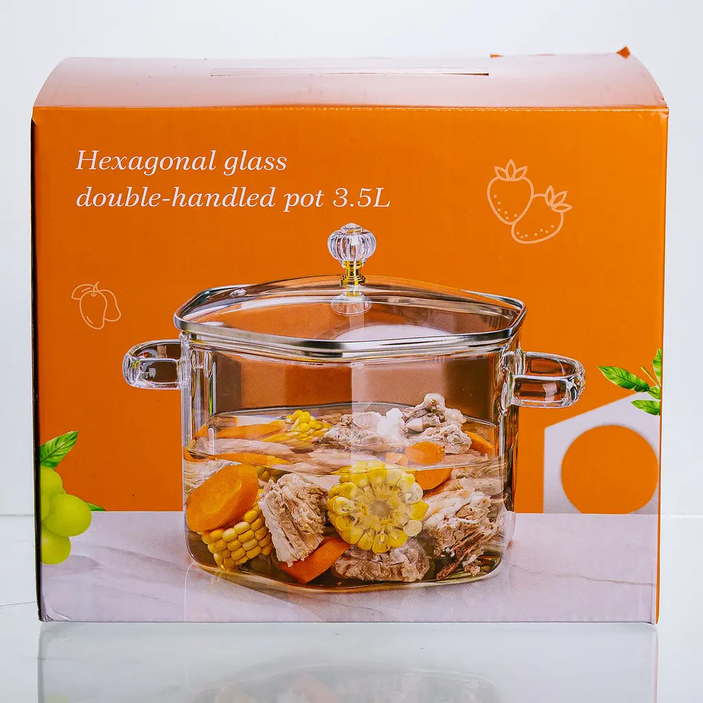 Каструля скляна Yiwu HP-34-41 шестигранна 3.5 л з кришталевою ручкою для варіння та тушкування - фото 6