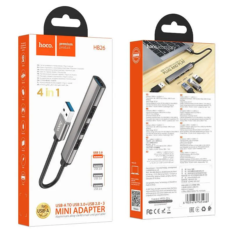 Usb-хаб Hoco HB26 4 in 1 adapter (Usb to Usb3.0+Usb2.0x3) Темно-серый - фото 3