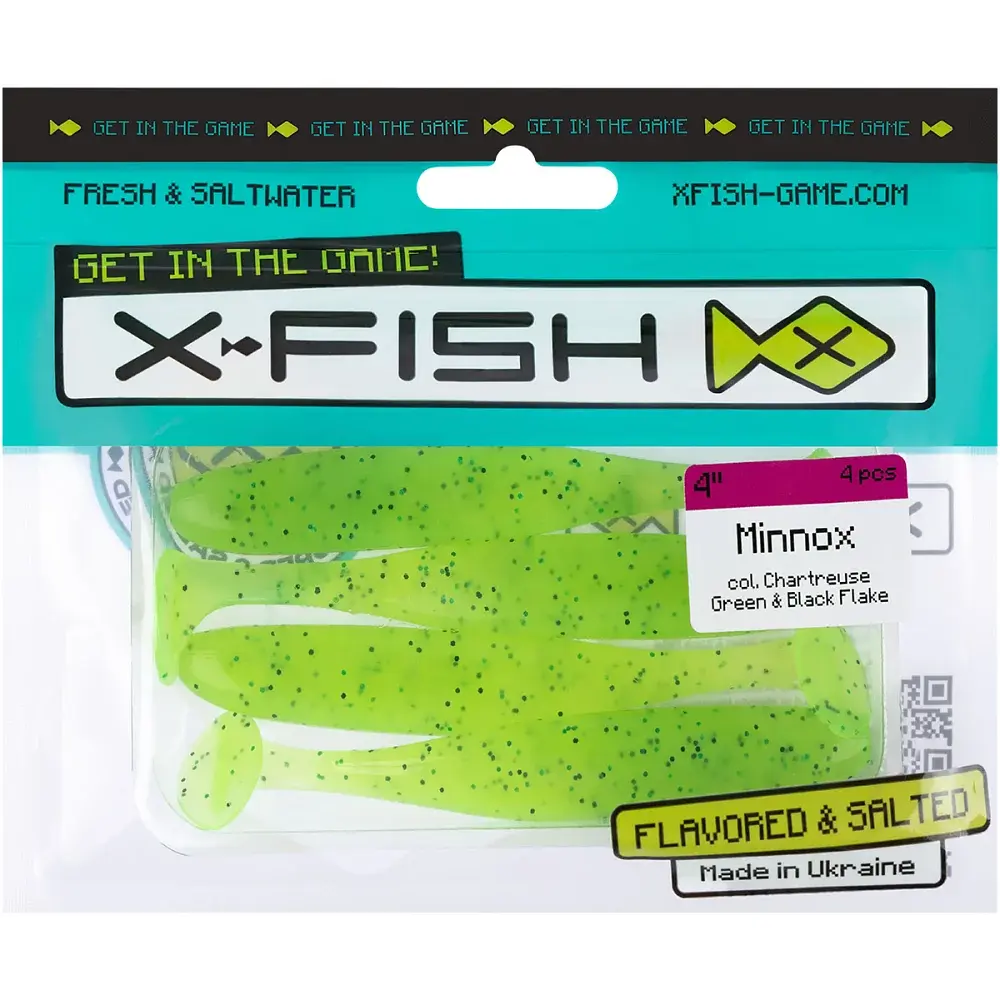 Силікон X-Fish Minnox 4" Chartreuse Green & Black Flake (4шт/уп) - фото 2