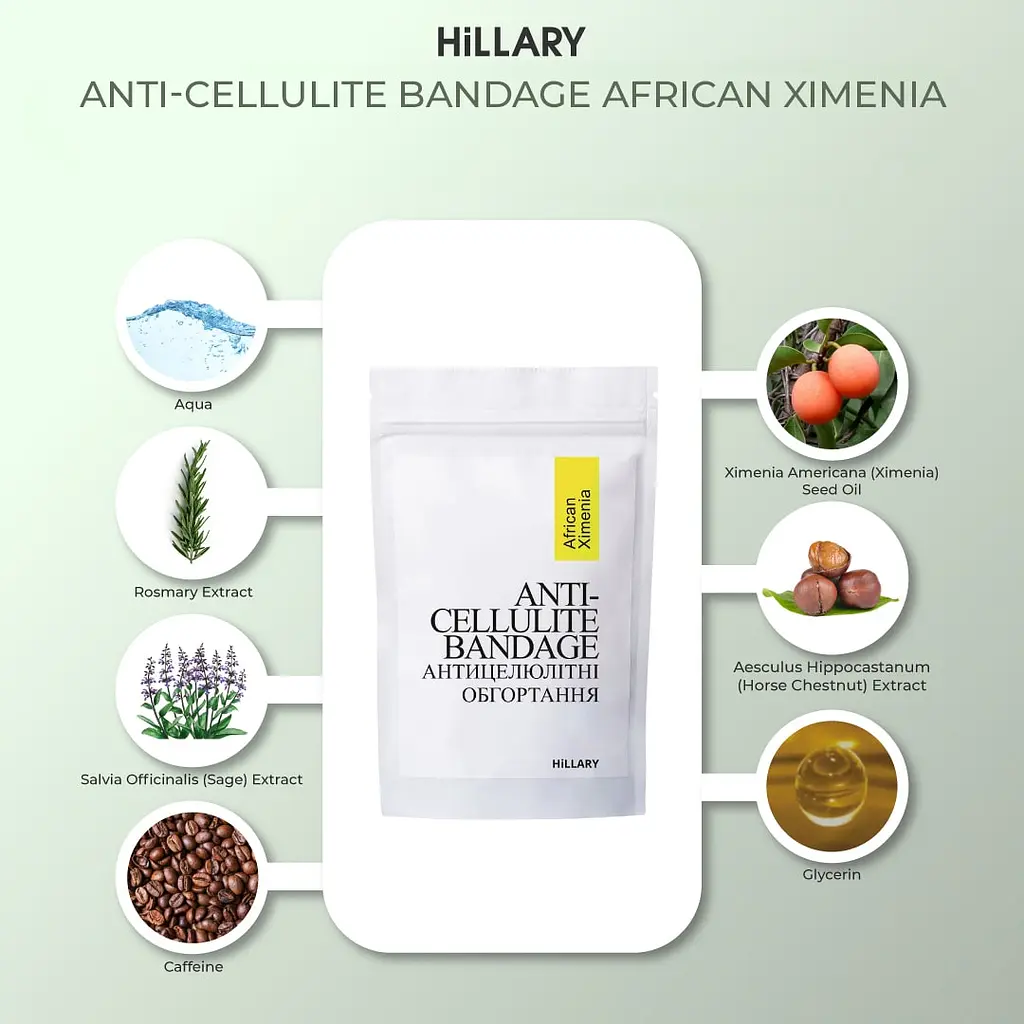 Набір Антицелюлітні обгортання + рідина з олією ксименії Anti-cellulite African Ximenia (6 процедур) Hillary - фото 11