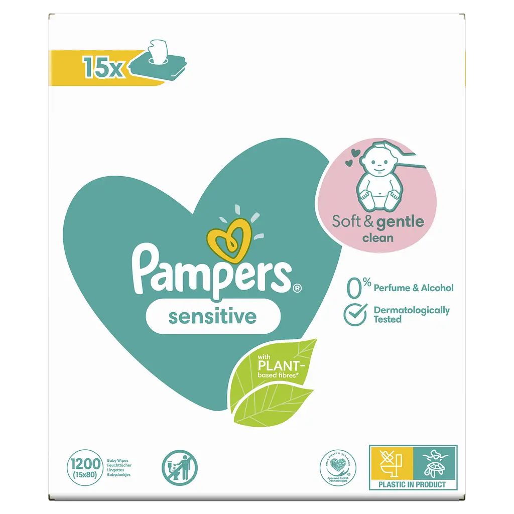 Уценка. Набор детских влажных салфеток Pampers Sensitive, 1200 шт. (15 упаковок по 80 шт.) - фото 2