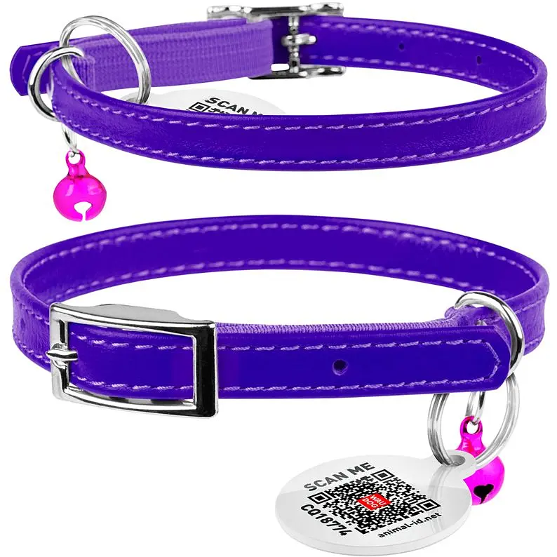 Ошейник для кошек Waudog Glamour кожаный с эластичной вставкой и QR паспортом 17-20х0.9 см фиолетовый - фото 3