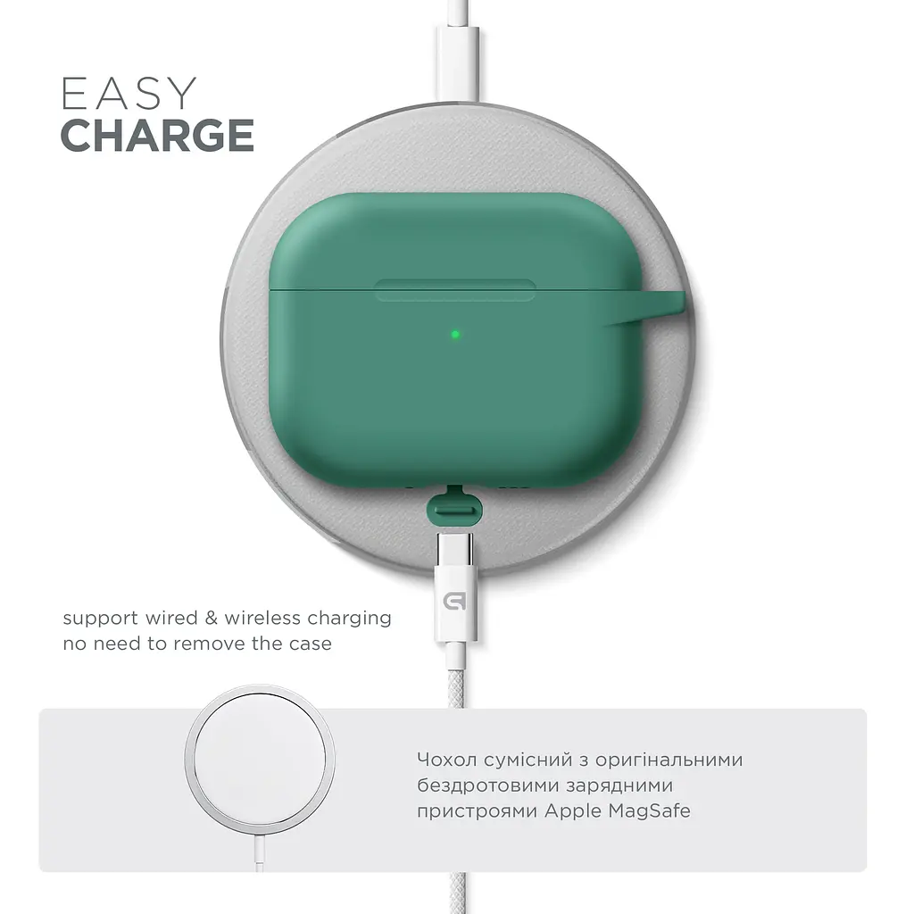 Силіконовий чохол для навушників Apple AirPods Pro 3, Hang Case, зелений, ультратонкий захисний кейс товщиною 2 мм, захист від подряпин, пилу та ударів, компактний, з карабіном для кріплення, ArmorStandart (ARM88279) - фото 7