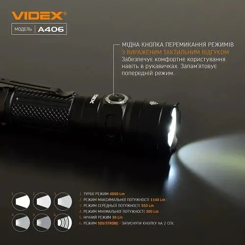 Фонарь ручной A406 Black 4000 лм 20W Videx teh0020578 - фото 7
