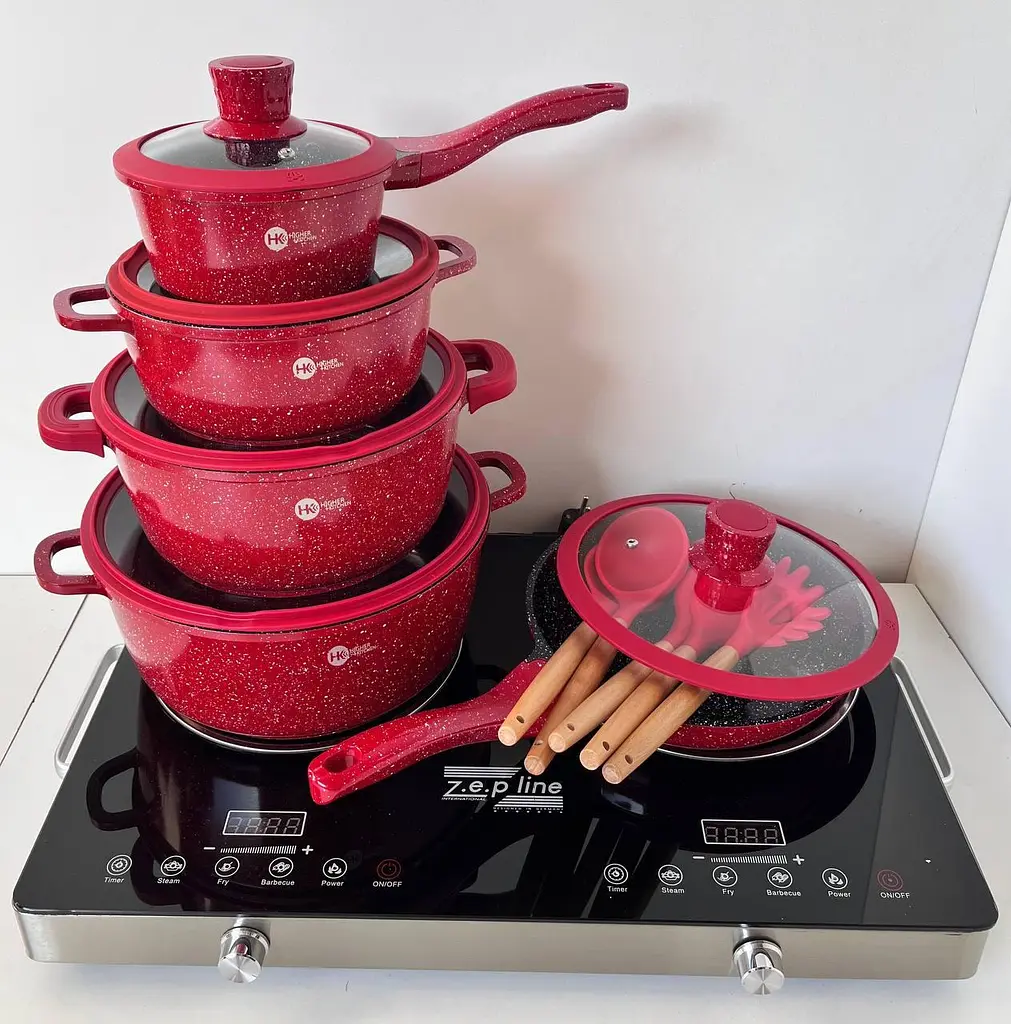 Набір круглих каструль і силіконового приладдя Higher Kitchen червоний, чорний HK-316 - фото 3