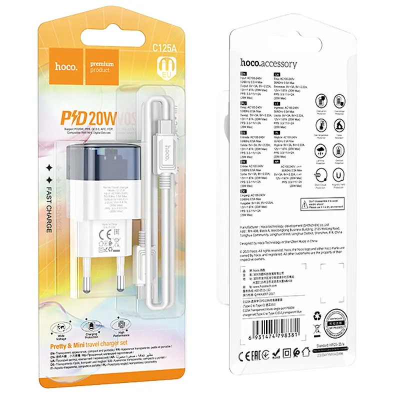 СЗУ Hoco C125A Transparent PD20W (1USB-C) + кабель Type-C to Type-C - фото 5